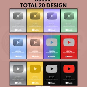 May include: A collection of 20 YouTube Play Button designs in various colors, including silver, gold, purple, and red. Each plaque features the YouTube logo and text indicating recognition for 100,000 subscribers. The text "YOUTUBE PLAY BUTTON Bundle TOTAL 20 DESIGN" is at the top.