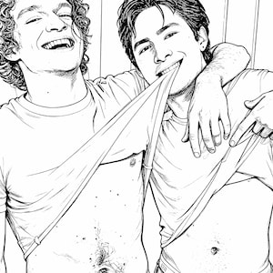 Könnte beinhalten: Schwarz-Weiß-Illustration von zwei lächelnden Personen. Eine Person zieht ihr T-Shirt hoch und zeigt ihren Bauch und ihre Calvin Klein Unterwäsche. Die andere Person trägt ein Geschirr und zeigt ebenfalls ihren Bauch und ihre Calvin Klein Unterwäsche.