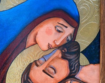Mary and Jesus Art: Hand-Painted Catholic Folk Art in Vintage Frame