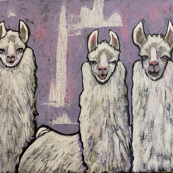 Llama Love; trio of sisters on multicolored background; flat canvas panel 8x10; kids art; llama collector art; by Cindy Grosch