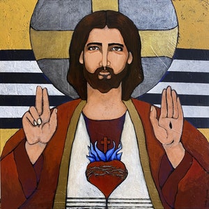 Sacred Heart of Jesus Art: Catholic Folk Art Painting (18x18 inch)