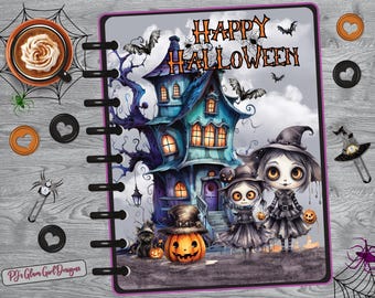 May include: A Halloween-themed planner insert with a haunted house, bats, and two cartoon witches. The words "Happy Halloween" are at the top. A pumpkin with a hat and a black cat are in front of the house. The planner is surrounded by Halloween-themed accessories.