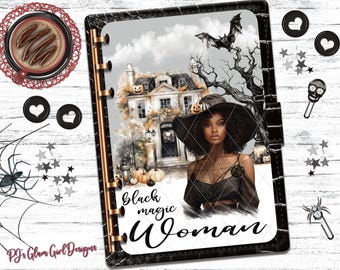 Black Magic Woman! Halloween Scene, Ghosts, Bats, Pumpkins, Planner Dashboards, Covers,