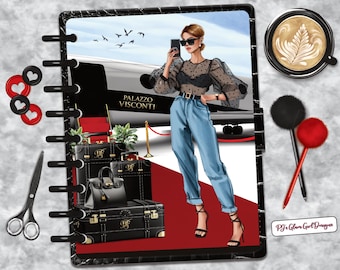 May include: A digital planner page featuring a fashion illustration of a woman in front of a private jet. The image includes black luggage, a coffee cup, and decorative pens. The text "Palazzo Visconti" is visible.