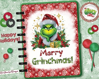May include: A Christmas-themed planner with a red and green cover featuring the Grinch in a Santa hat. The words "Merry Grinchmas!" are displayed. The planner includes decorative paper clips and the text "Happy Holidays!"