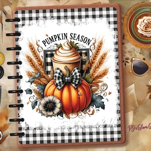 May include: A planner with a fall theme, featuring a pumpkin, coffee, and the text "Pumpkin Season." The design includes a black and white checkered pattern, wheat stalks, and a decorative flower. A cup of coffee and sunglasses are also visible.