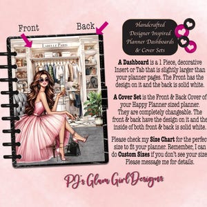 The image is a promotional graphic for a designer-inspired planner dashboard and cover set. It features an illustration of a woman in a pink dress sitting in a clothing store, with a handcrafted design and a cover set. The text provides information about the dashboard and cover set, including their size chart and the ability to customize the dashboard and cover set.