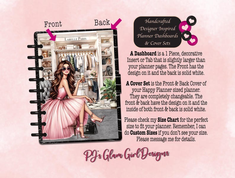 The image is a promotional graphic for a designer-inspired planner dashboard and cover set. It features an illustration of a woman in a pink dress sitting in a clothing store, with a handcrafted design and a cover set. The text provides information about the dashboard and cover set, including their size chart and the ability to customize the dashboard and cover set.