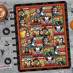 May include: A planner with a black spiral binding and a colorful cover featuring comic-style illustrations of horror movie characters like Pennywise, Michael Myers, and Freddy Krueger. The planner is surrounded by Halloween-themed accessories.