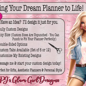 a pink background with a blonde woman in a denim outfit, along with text promoting a custom design service.