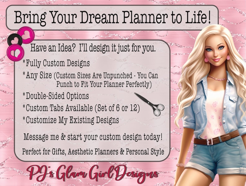 a pink background with a blonde woman in a denim outfit, along with text promoting a custom design service.