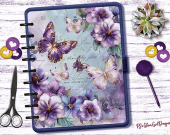 Purple Floral Butterfly Kisses Planner Cover, Spring Garden Dashboard Insert