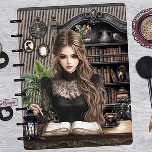 May include: A digital illustration of a woman in a black lace top, seated at a desk with an open book. The scene includes a bookshelf, a clock, and a cup of coffee. Decorative heart-shaped discbound rings and pens are also visible.