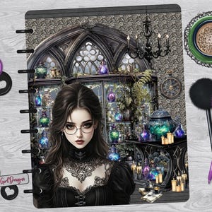 May include: A planner with a gothic theme, featuring a woman with glasses in a black dress, surrounded by potion bottles and candles. The planner includes a decorative background with a clock and a chandelier. The planner also has heart-shaped discbound rings.