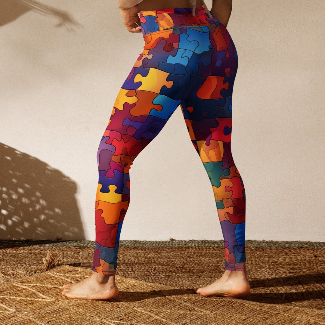 Bright Puzzle Leggings / Jigsaw Print Leggings Puzzle Yoga Etsy