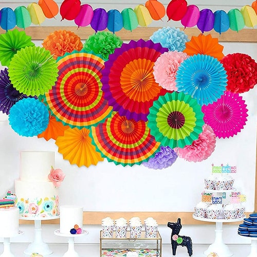35PCS Fiesta Paper Fan Party Decorations Set With Pom Poms Etsy