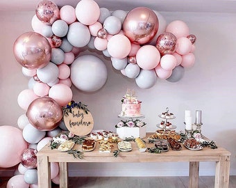Macaron Balloons Garland Arch Kit, 87 PCS Pastel Pink & Gray Balloons, Confetti Balloons, Party Decor, Baby Shower, Birthday Balloons