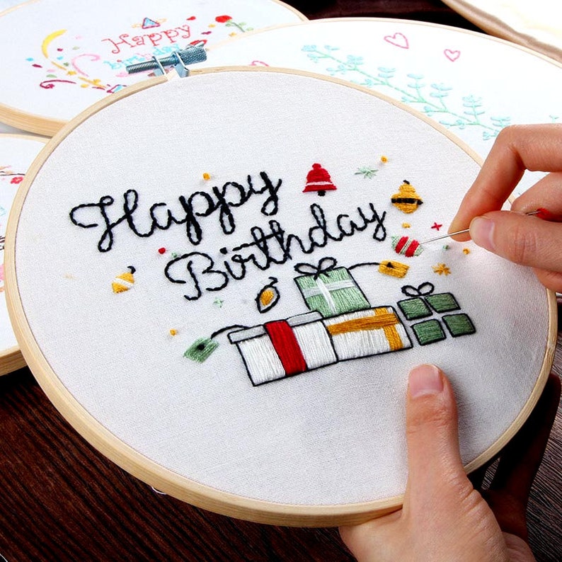 Hand embroidery kit beginner happy birthday embroidery etsy Hand embroidery kit beginner happy birthday embroidery etsy