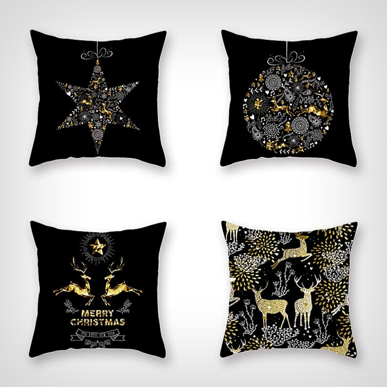 Black Christmas Pillow Covers Set Reindeer Christmas Etsy