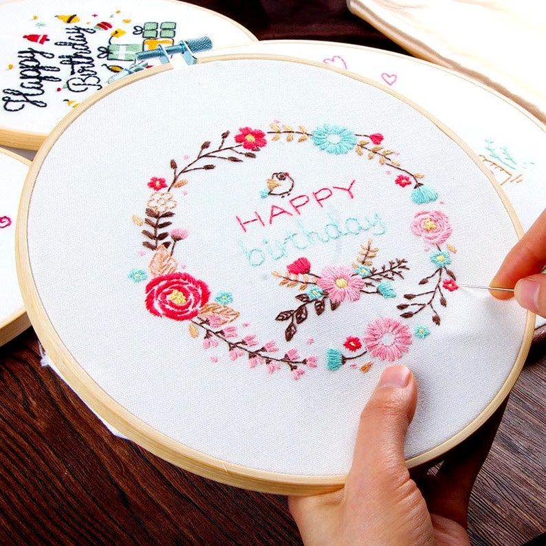 Hand Embroidery Kit Beginner Happy Birthday Embroidery Etsy
