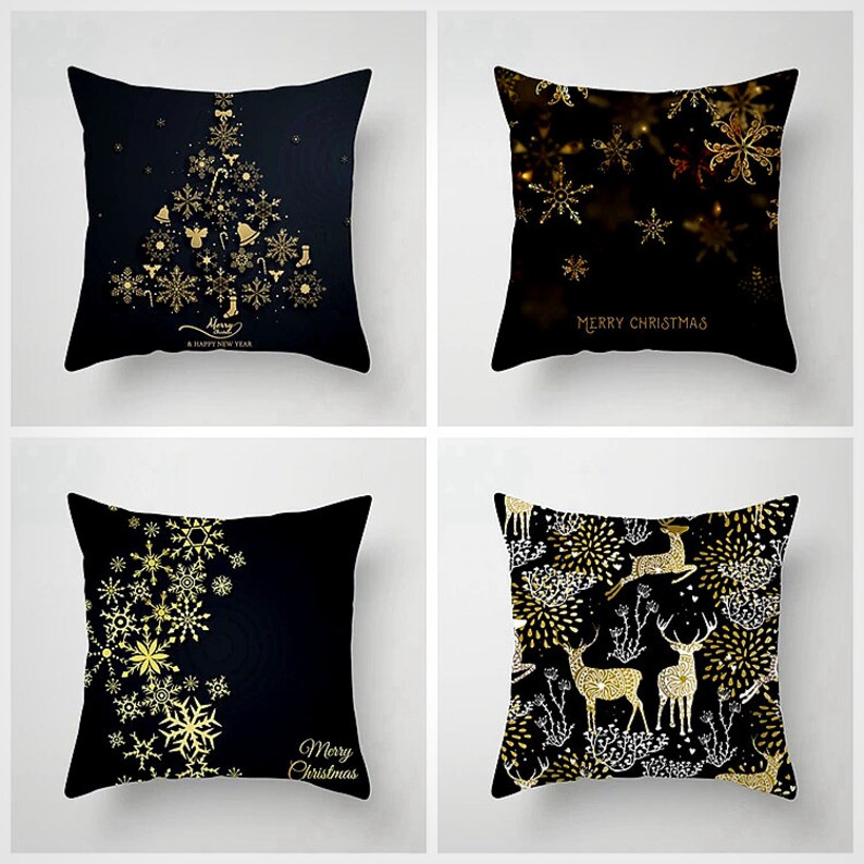 Black Christmas Pillow Covers Set Reindeer Christmas Etsy