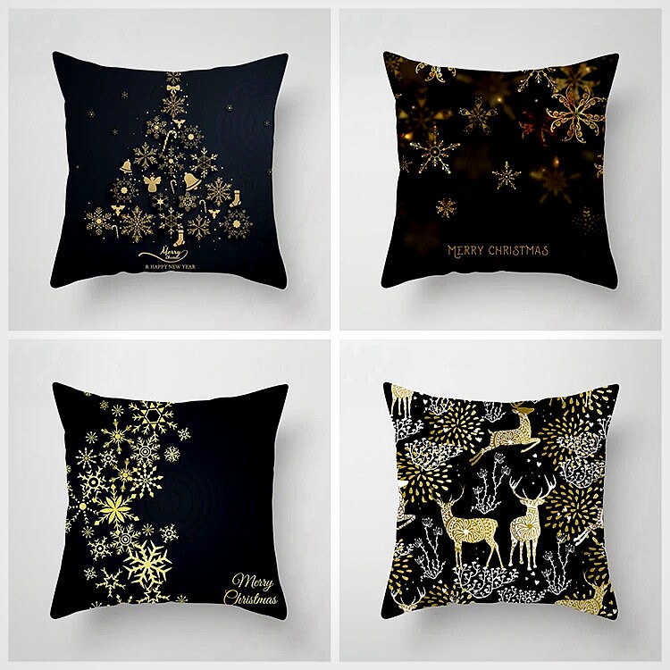 Black Christmas Pillow Covers Set Reindeer Christmas Etsy