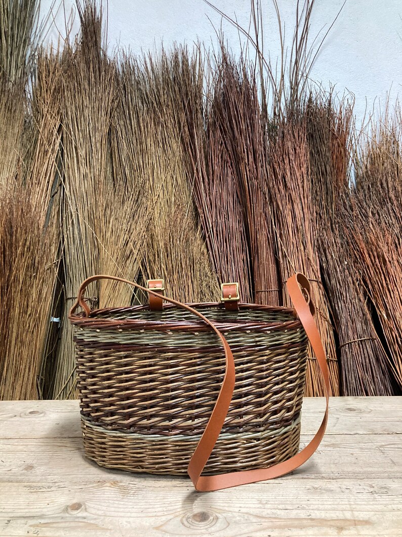 Benchoona Willow Bicycle Basket with caramel leather buckles and shoulder strap w/gold hardware Lifetime gift 100% Natural image 8