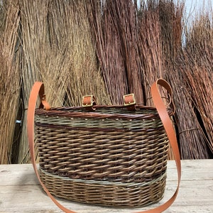 Benchoona Willow Bicycle Basket with caramel leather buckles and shoulder strap w/gold hardware Lifetime gift 100% Natural image 2