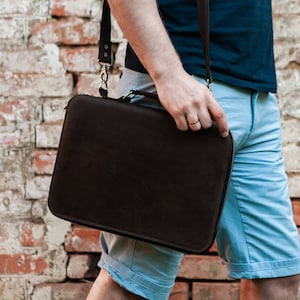 Portfolio with strap, Leather portfolio with handle, Gift for boss man, Laptop portfolio wide case, Personalized portfolio organizer