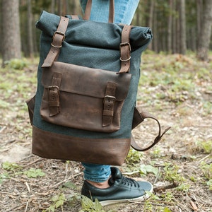 Backpack, Roll top backpack, Rucksack, Gift Backpack man,Leather Laptop Mens backpack,Laptop bag,School Bag,Black leather bag,Waxed rucksack