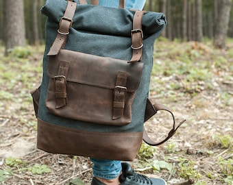 Backpack, Roll top backpack, Rucksack, Gift Backpack man,Leather Laptop Mens backpack,Laptop bag,School Bag,Black leather bag,Waxed rucksack