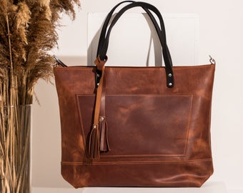 Leather tote bag for women, Tote bag with zipper, Shoulder bag for women, Leather tote purse, Large tote bag for women, Brown leather tote