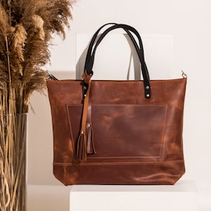 Bolso tote de piel para mujer, Bolso tote con cremallera, Bolso de hombro para mujer, Monedero tote de piel, Bolso tote grande para mujer, Bolso tote de piel marrón