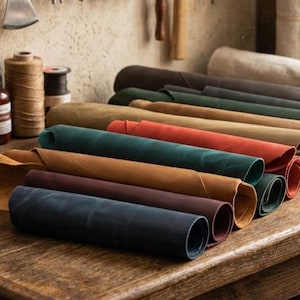 May include: A wooden workbench displays a collection of rolled leather hides in various colors, including navy, brown, and green. Leatherworking tools and spools of thread are visible in the background, along with bottles of dye. The scene suggests a leathercraft workshop.