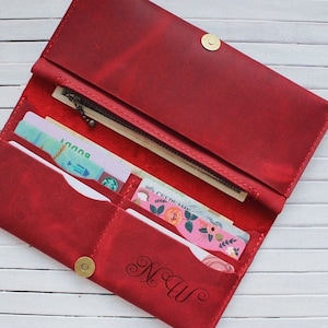Cartera de cuero rojo regalo del 3er aniversario de la mujer para ella, cartera larga, cartera de mujer, cartera personalizada, regalos de cumpleaños de cartera de embrague para ella