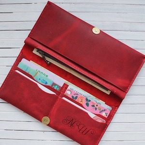 Cartera de cuero para mujer, Cartera larga, regalos de navidad para mamá, Cartera de cuero roja, Cartera personalizada, Cartera personalizada, Regalo para ella