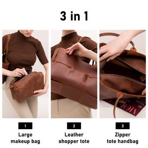 May include: Three brown leather bags in one: a large makeup bag, a shopper tote, and a zipper tote handbag.  The bags are made of a soft, supple leather and have a classic, timeless design.