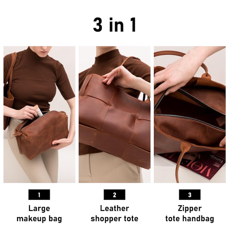 May include: Three brown leather bags in one: a large makeup bag, a shopper tote, and a zipper tote handbag.  The bags are made of a soft, supple leather and have a classic, timeless design.