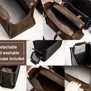 May include: A brown leather tote bag with a removable, washable inner case. The bag has a zipper closure and a top handle. The inner case has a mesh pocket and a zippered compartment. "Detachable and washable inner case included" is written on a brown rectangle.