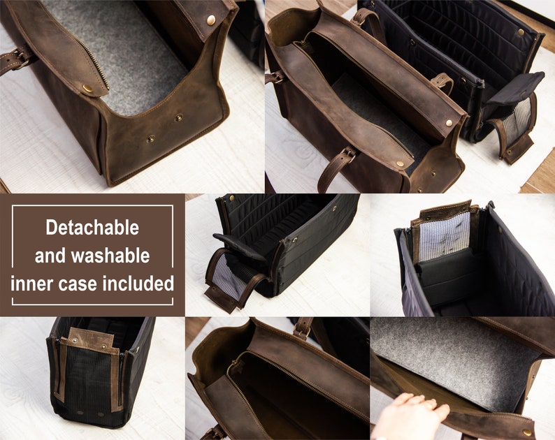 May include: A brown leather tote bag with a removable, washable inner case. The bag has a zipper closure and a top handle. The inner case has a mesh pocket and a zippered compartment. "Detachable and washable inner case included" is written on a brown rectangle.