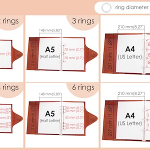 May include: A comparison chart showing the different sizes of A4, A5, and A6 size ring binders with 2, 3, 4, and 6 rings. The chart shows the measurements in inches and millimeters. The ring diameter is 20 mm (0.7 inches).