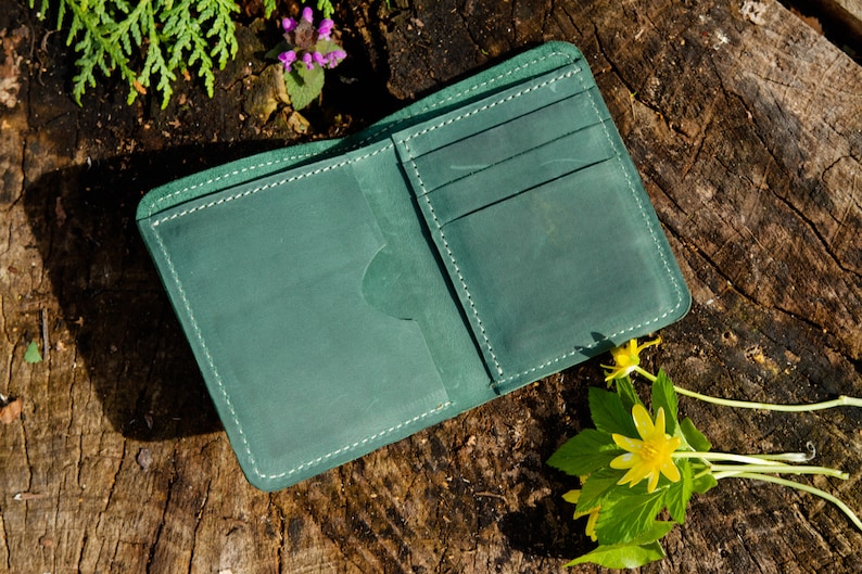 Leather slim wallet for woman, Green wallet for women small, Bifold wallet women, Custom wallet women, Engraved wallet women image 9