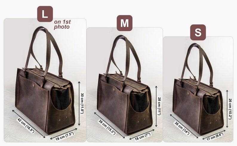 May include: Three brown leather pet carrier bags in different sizes: large, medium, and small. The bags have a top handle and a zippered opening. The bags are labelled with their size and measurements in inches and centimetres.