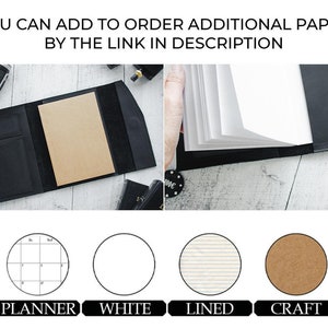 May include: A black leather notebook with a variety of paper inserts. The inserts include a planner, blank white paper, lined paper, and craft paper.