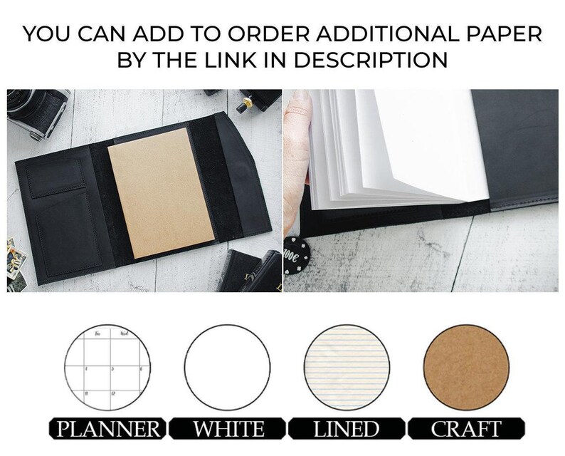 May include: A black leather notebook with a variety of paper inserts. The inserts include a planner, blank white paper, lined paper, and craft paper.