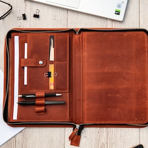 Portafolio de cuero personalizado, Portafolio de cuero para hombre, Portafolio de cuero con logo, Organizador de cuero con cremallera, Organizador de iPad