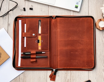 Portafolio de cuero personalizado, Portafolio de cuero para hombre, Portafolio de cuero con logo, Organizador de cuero con cremallera, Organizador de iPad