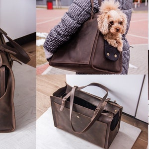 May include: A brown leather pet carrier with a mesh window and a zipped opening. The carrier has a handle and a shoulder strap. The carrier is shown in different angles, including a dog inside the carrier.