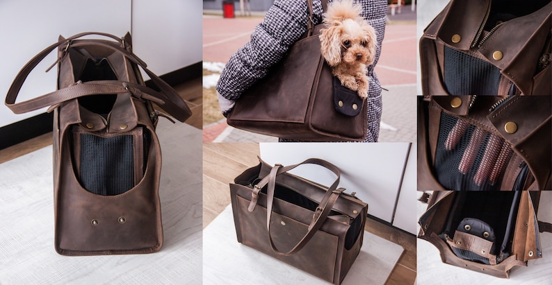 May include: A brown leather pet carrier with a mesh window and a zipped opening. The carrier has a handle and a shoulder strap. The carrier is shown in different angles, including a dog inside the carrier.