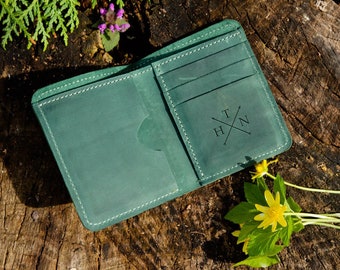 Leather bifold wallet for men, Leather mens green wallet, Custom green wallet men, Leather card wallet men, Small wallet men